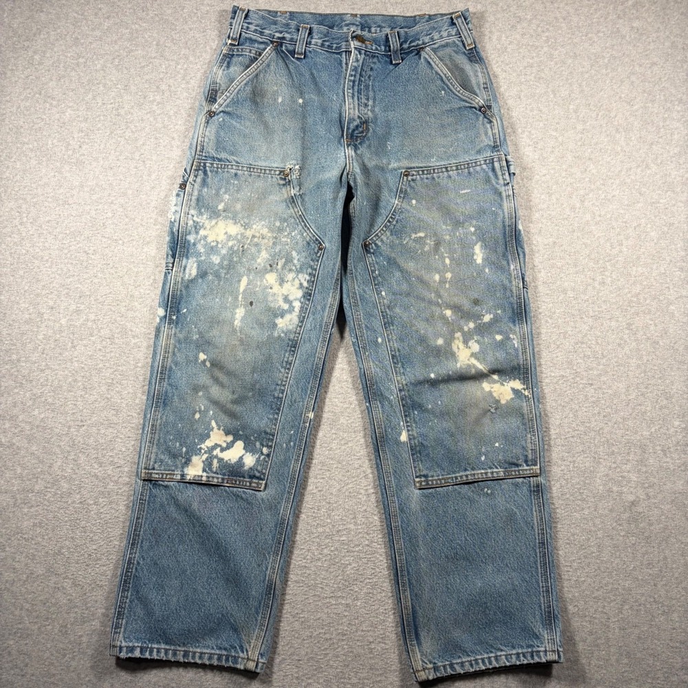 Carhartt Double Knee Jeans Mens 32x30 Blue Denim Dungaree Loose Fit B73 DST